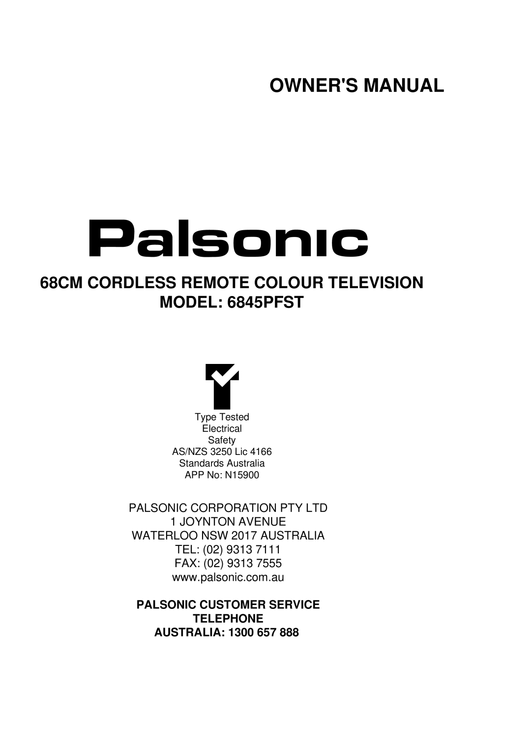 Palsonic owner manual 68CM Cordless Remote Colour Television Model 6845PFST 