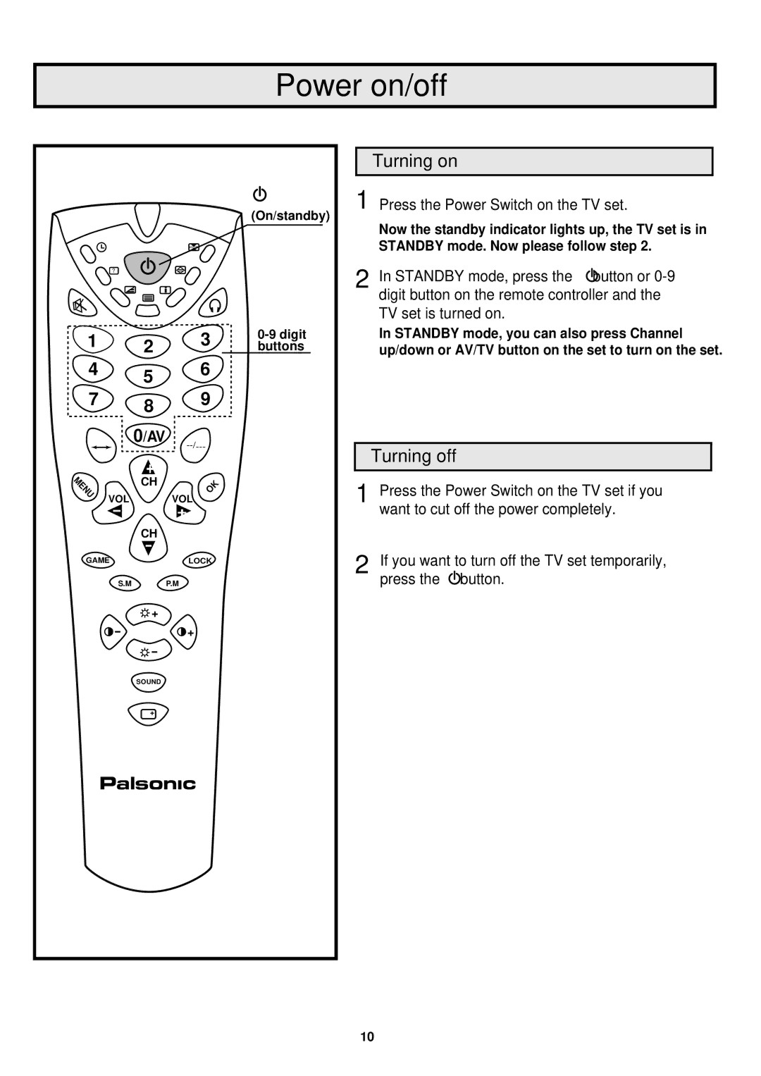 Palsonic 6845PFST owner manual Power on/off, Turning on, Turning off 