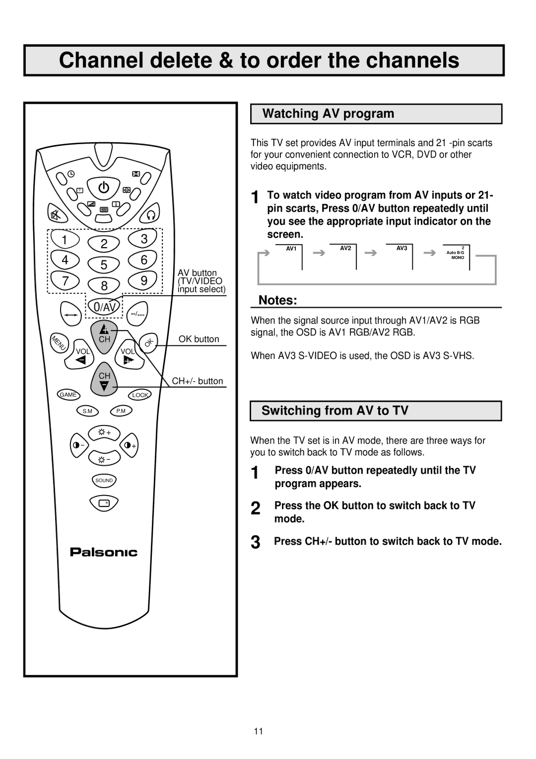 Palsonic 6845PFST owner manual Channel delete & to order the channels, Watching AV program, Switching from AV to TV 