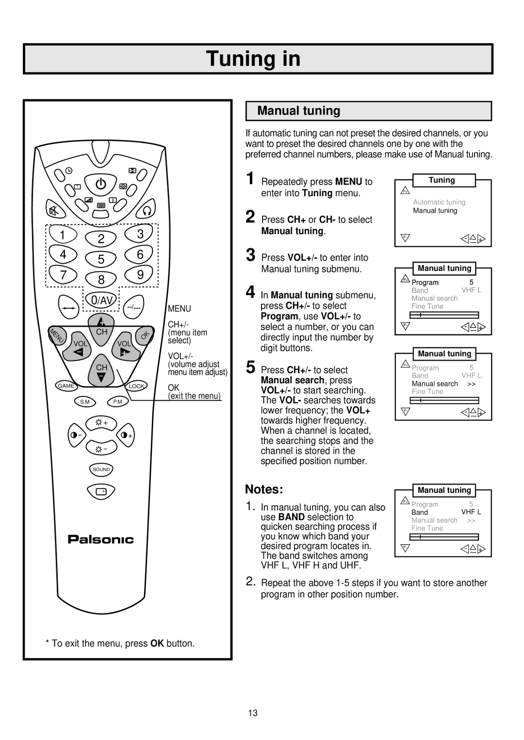 Palsonic 6845PFST owner manual Manual tuning 