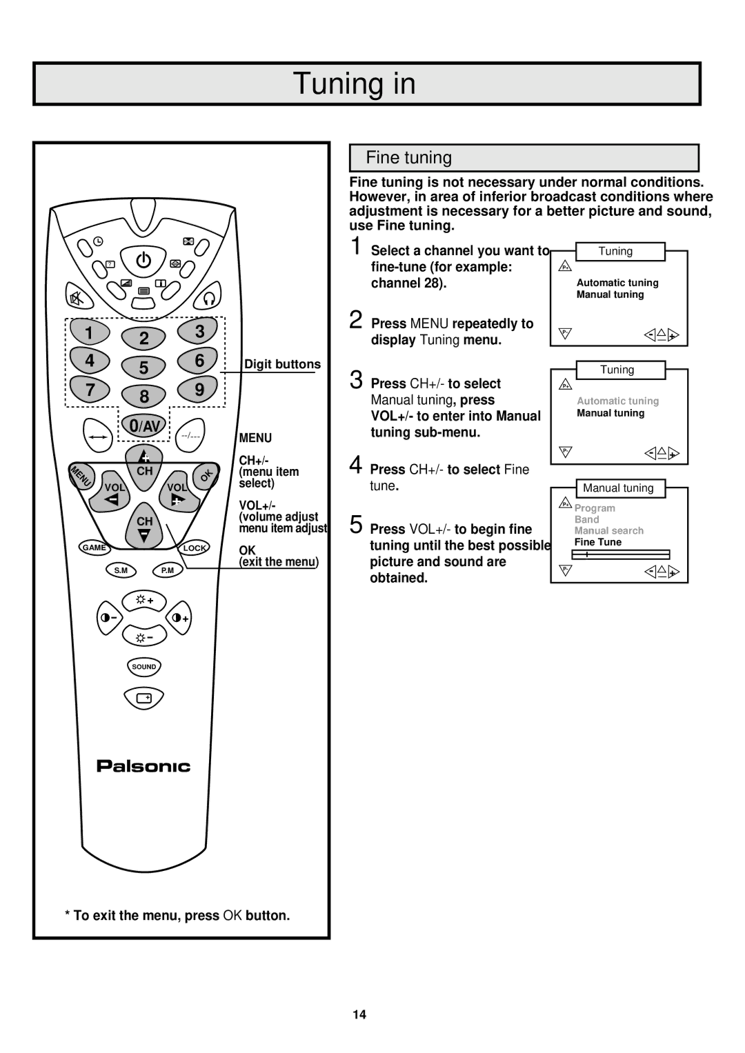 Palsonic 6845PFST owner manual Fine tuning, Manual tuning, press, Tune 