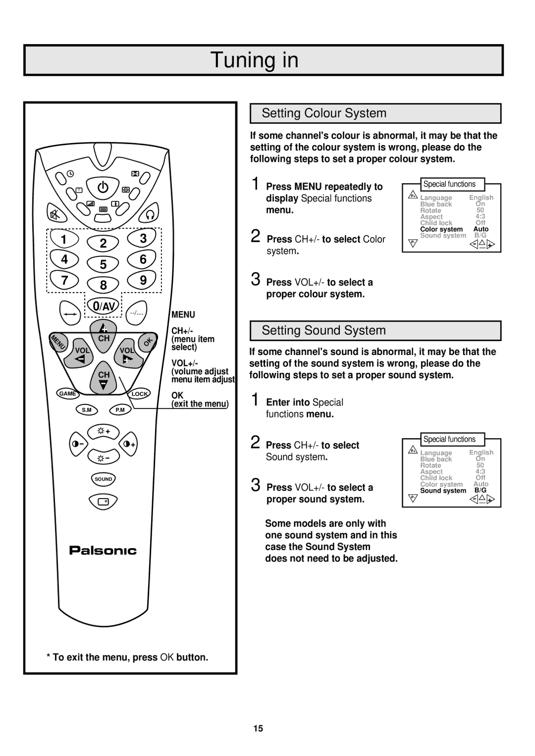 Palsonic 6845PFST owner manual Setting Colour System, Setting Sound System, Functions menu 