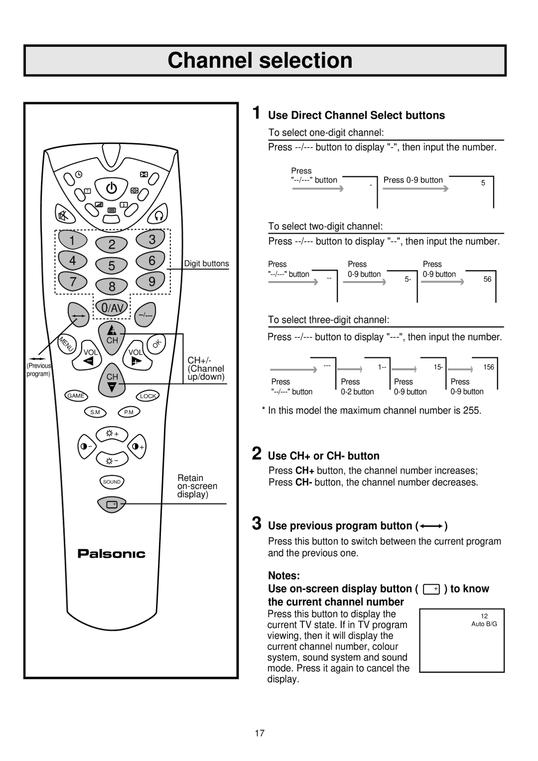 Palsonic 6845PFST Channel selection, Use CH+ or CH- button, Use previous program button, Use on-screen display button 