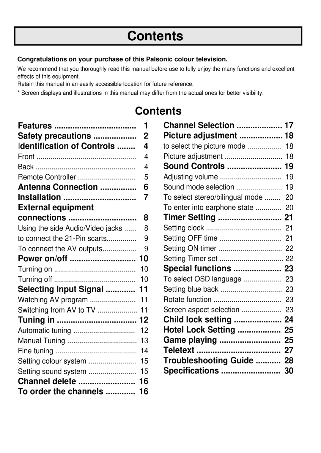 Palsonic 6845PFST owner manual Contents 