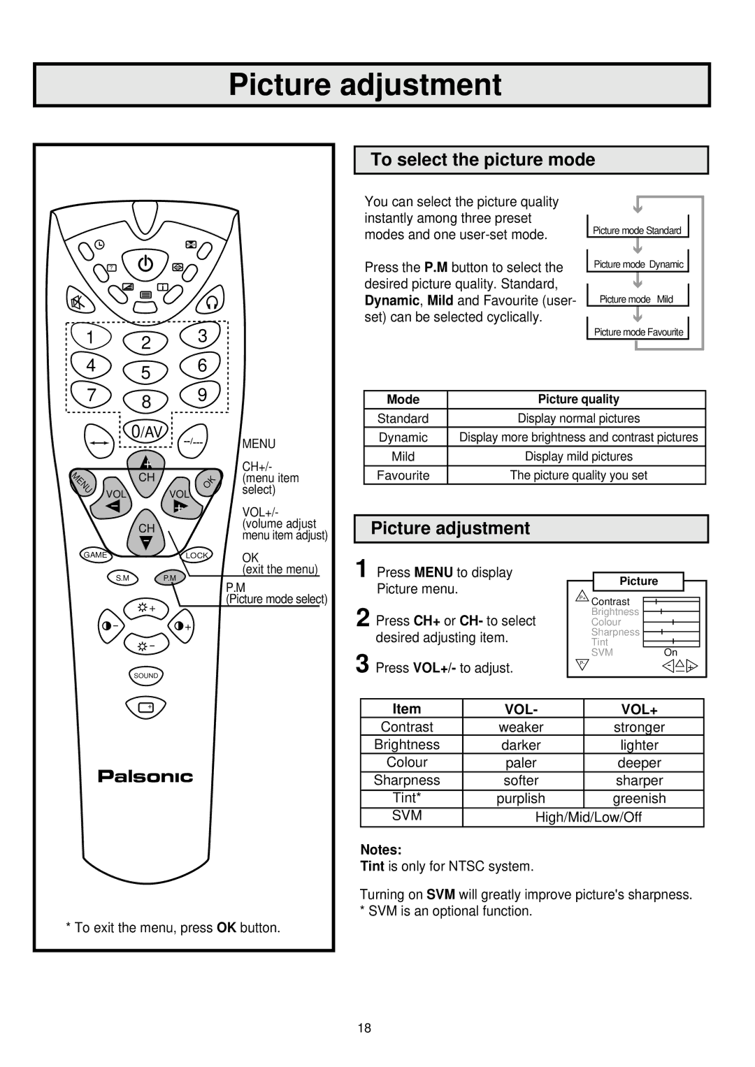 Palsonic 6845PFST owner manual Picture adjustment, To select the picture mode 