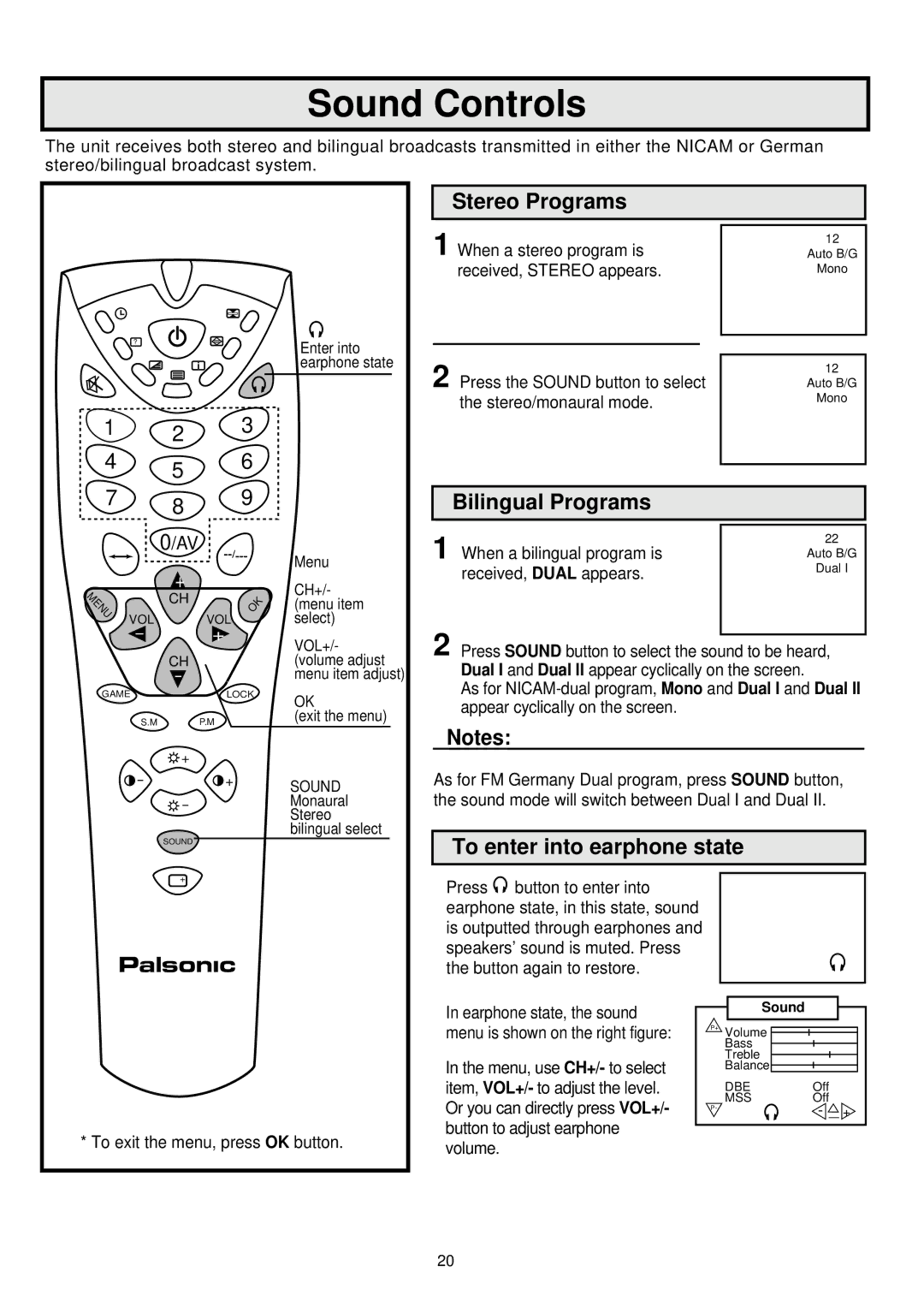 Palsonic 6845PFST owner manual Stereo Programs, Bilingual Programs, To enter into earphone state 