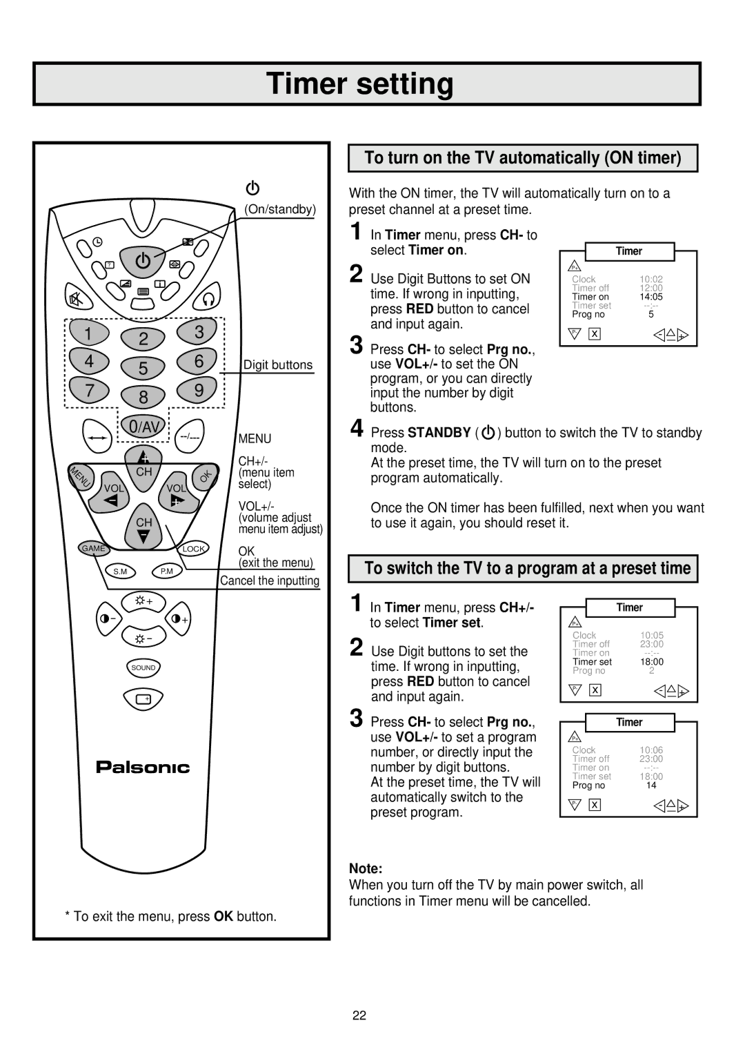 Palsonic 6845PFST owner manual To turn on the TV automatically on timer, Press Standby 