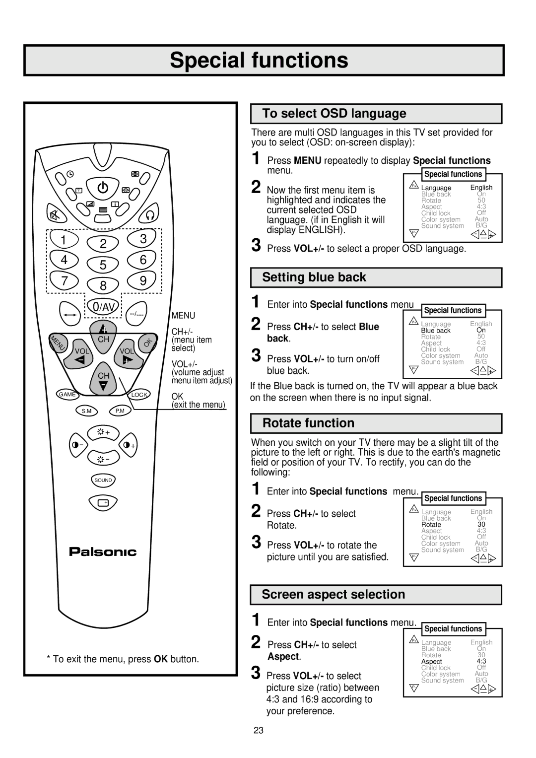 Palsonic 6845PFST Special functions, To select OSD language, Setting blue back, Rotate function, Screen aspect selection 