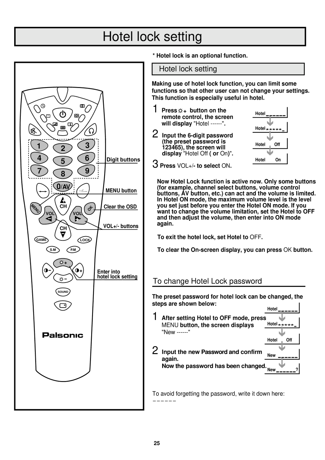 Palsonic 6845PFST owner manual Hotel lock setting, To change Hotel Lock password, New 