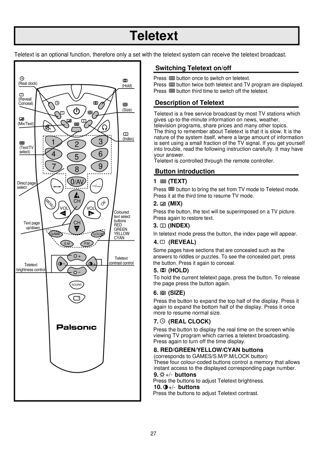 Palsonic 6845PFST owner manual Teletext 