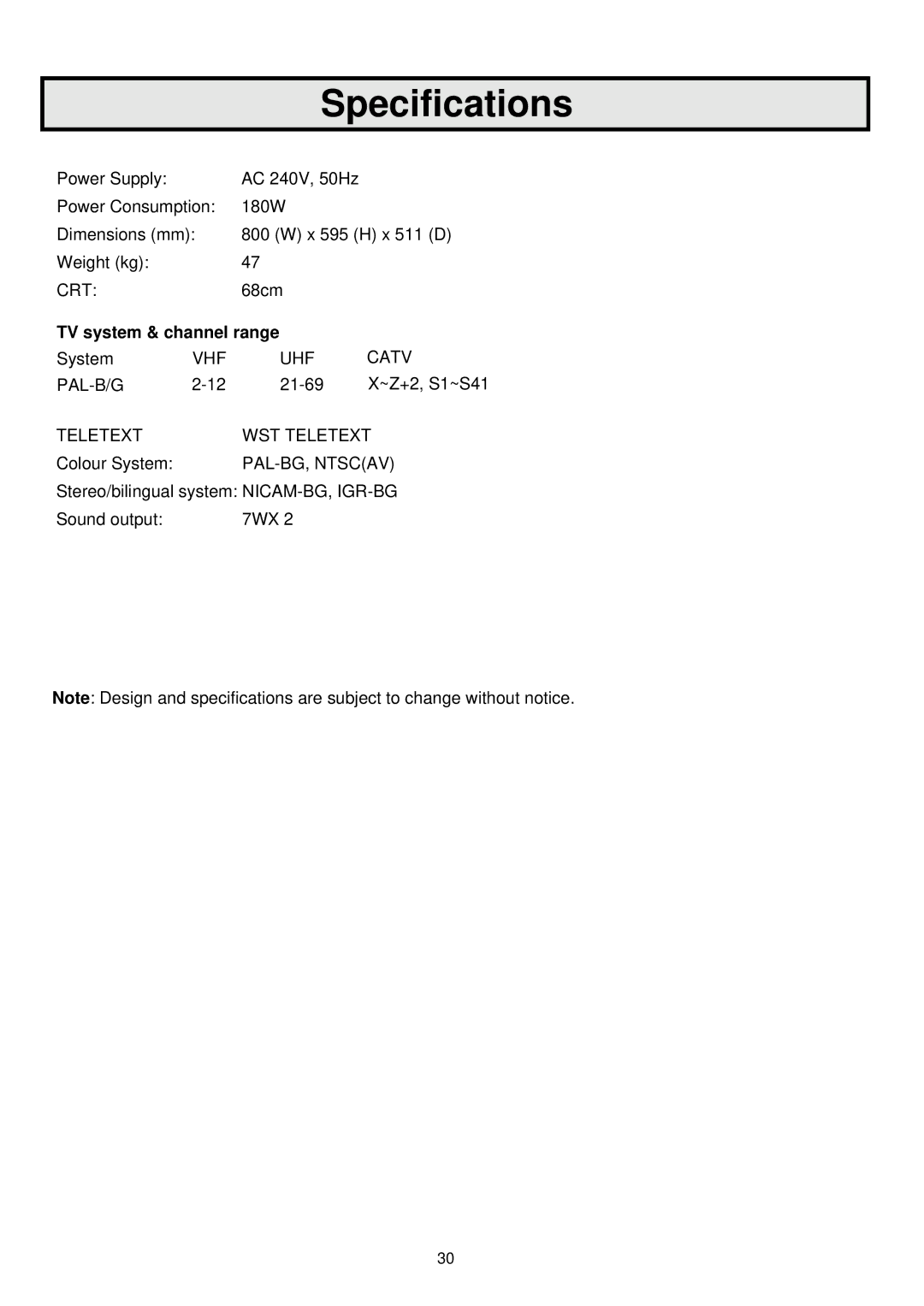 Palsonic 6845PFST owner manual Specifications, TV system & channel range 