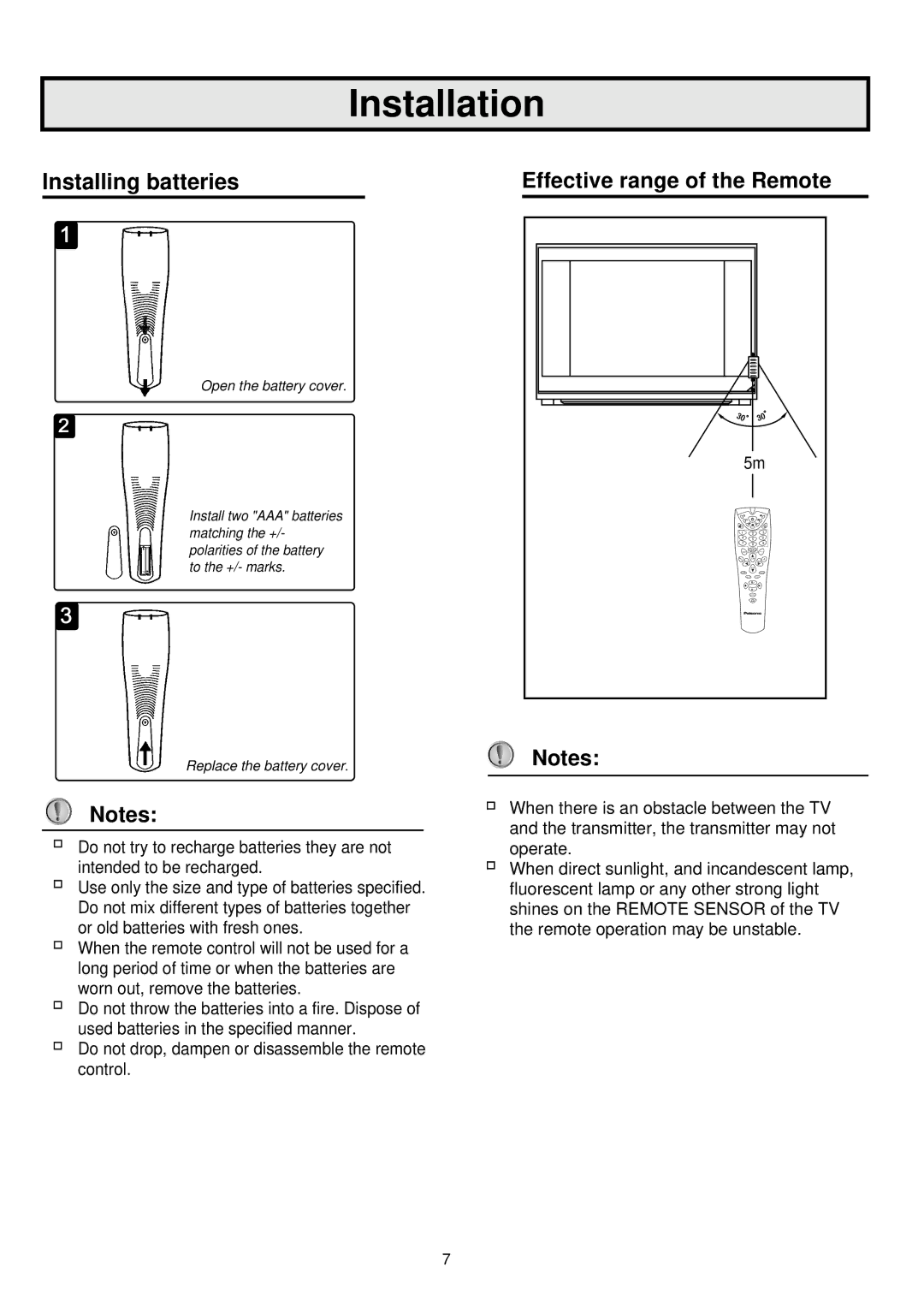 Palsonic 6845PFST owner manual Installation, Installing batteries, Effective range of the Remote 