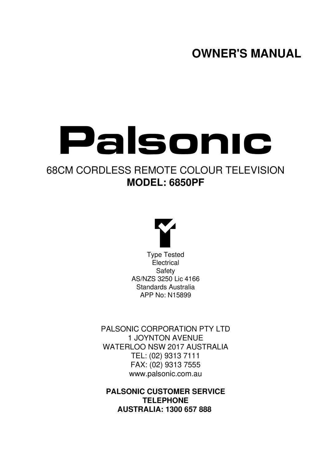 Palsonic owner manual Model 6850PF 