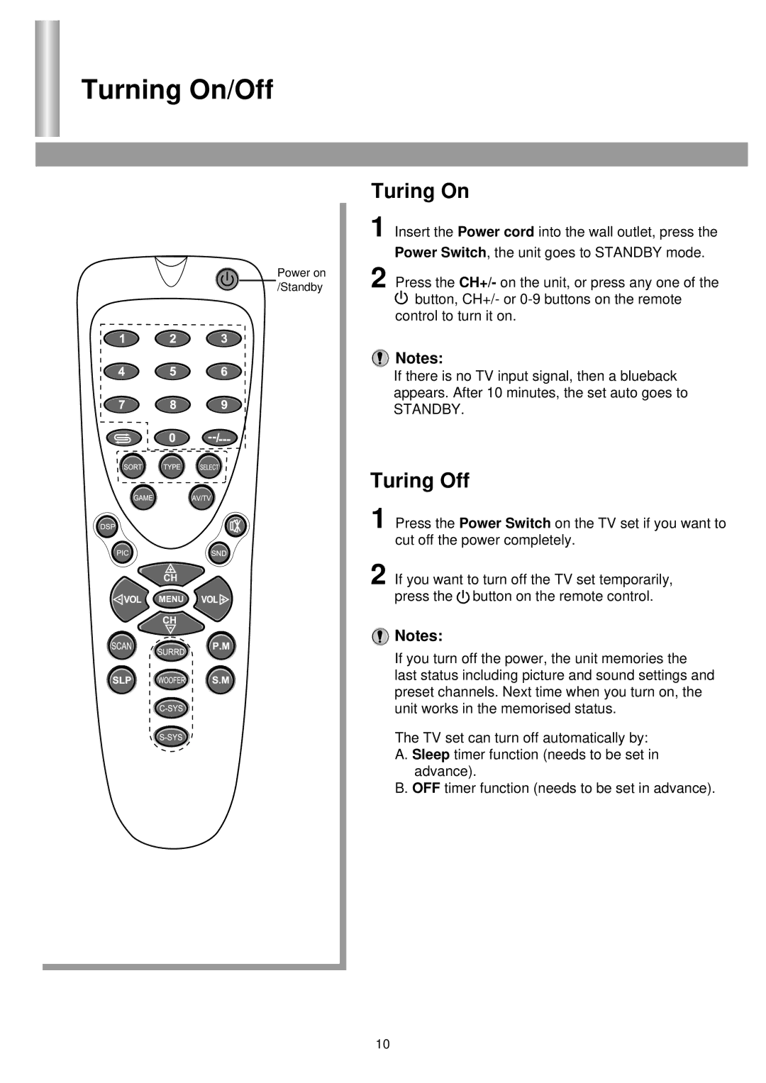 Palsonic 6850PF owner manual Turning On/Off, Turing On, Turing Off 