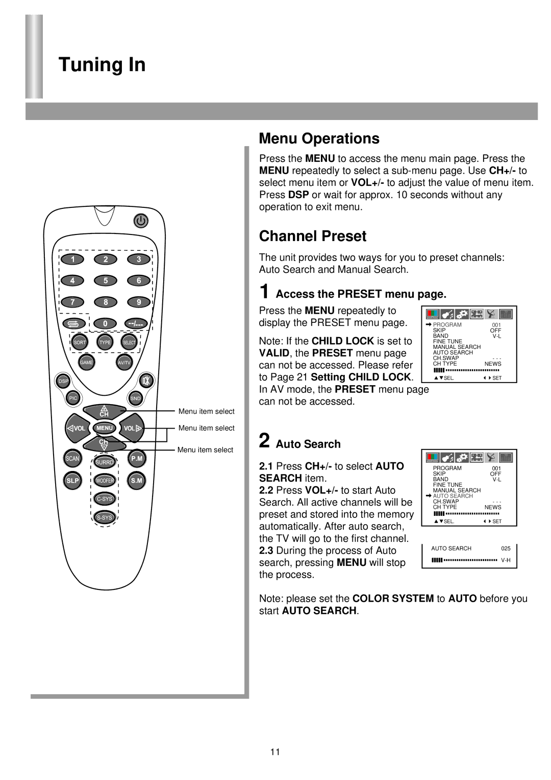 Palsonic 6850PF owner manual Tuning, Menu Operations, Channel Preset, Access the Preset menu, Auto Search 