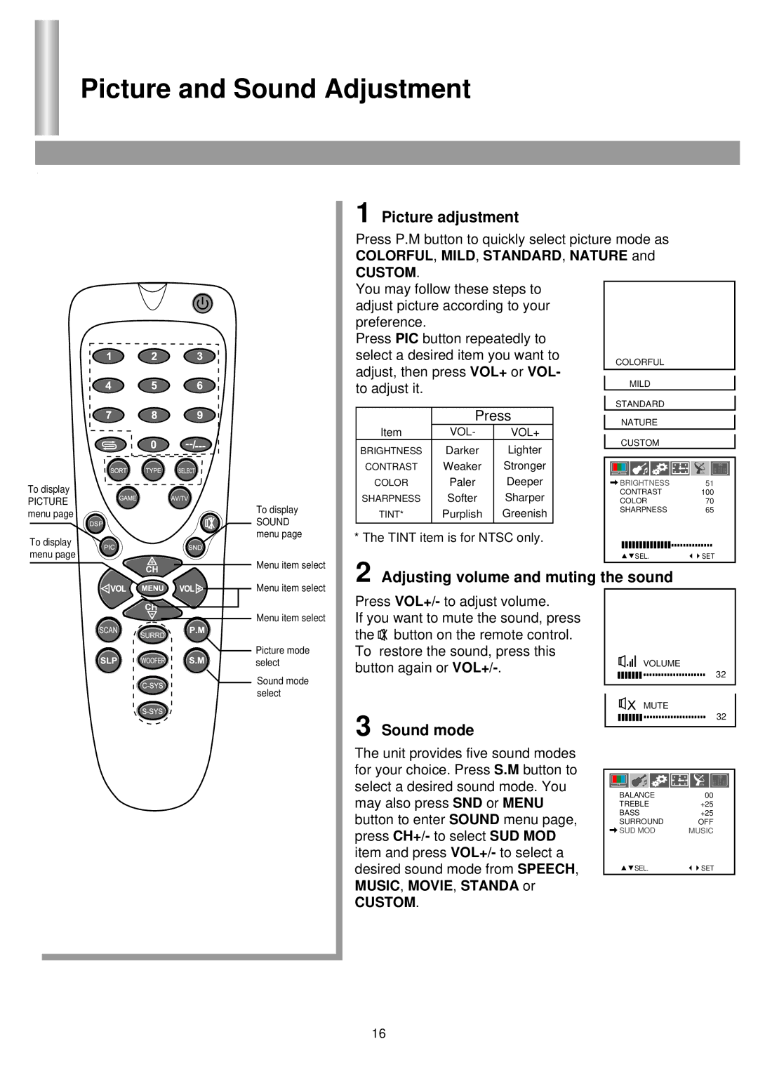 Palsonic 6850PF Picture and Sound Adjustment, Picture adjustment, Adjusting volume and muting the sound, Sound mode 