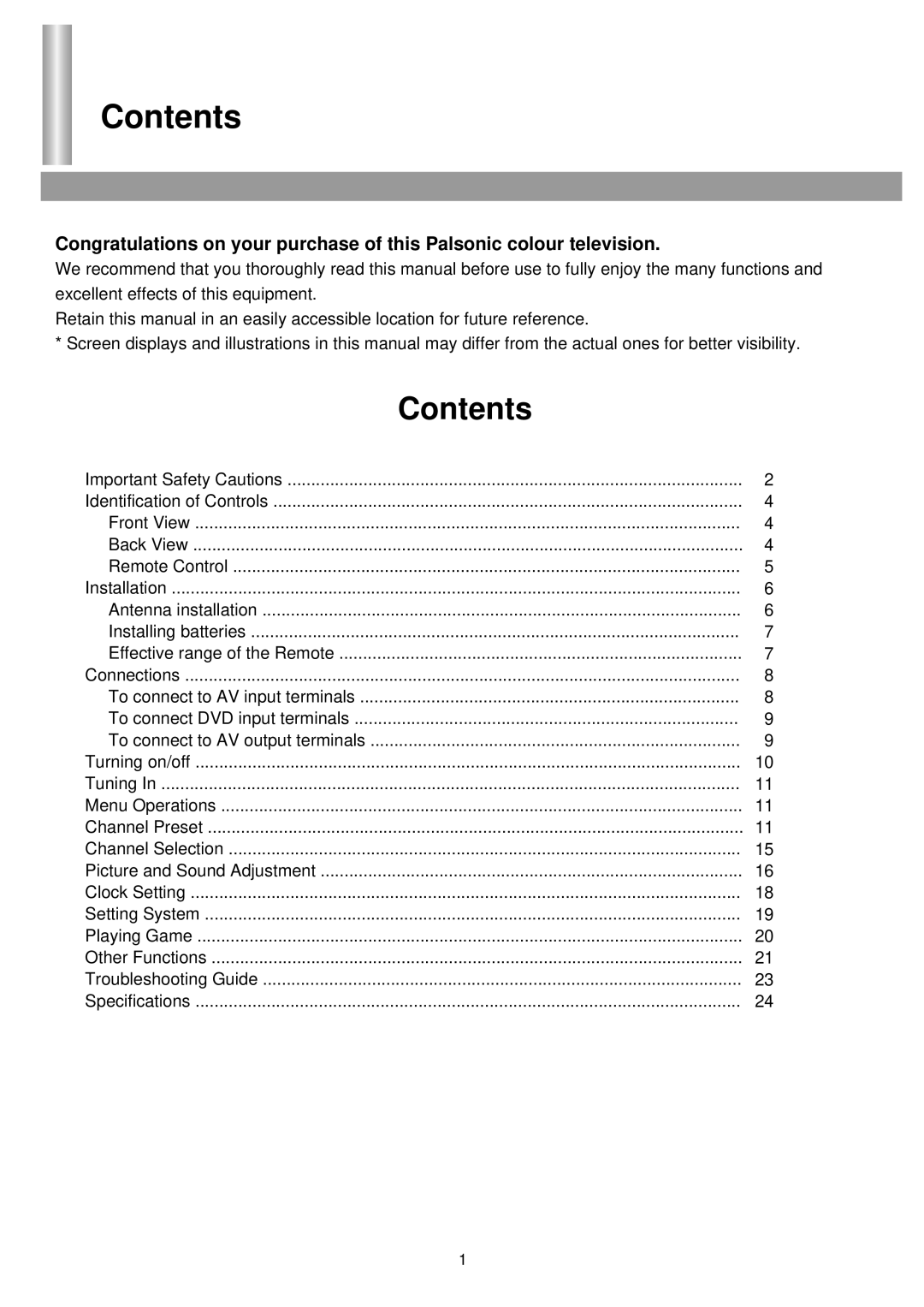 Palsonic 6850PF owner manual Contents 