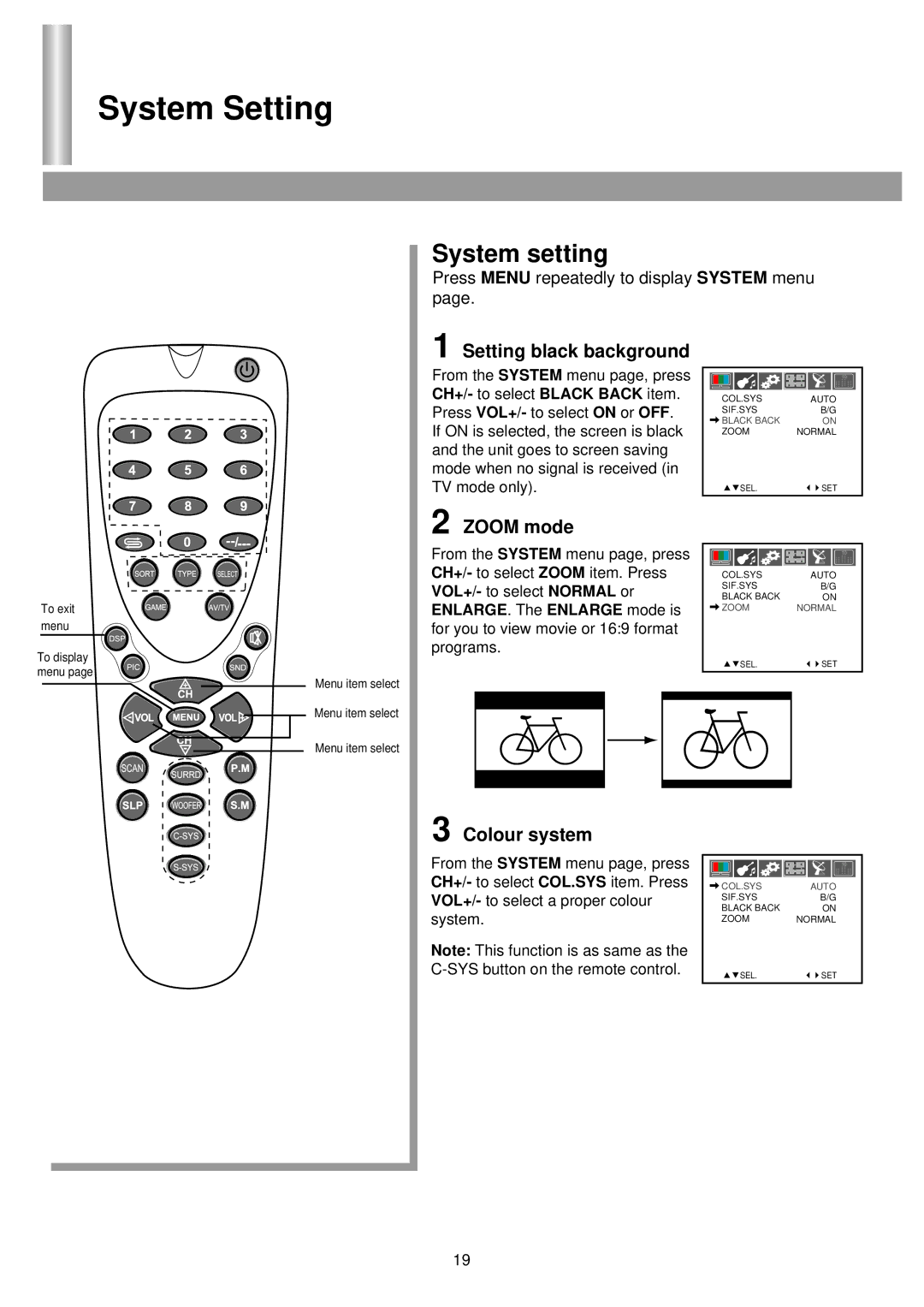 Palsonic 6850PF owner manual System Setting, System setting, Setting black background, Zoom mode, Colour system 