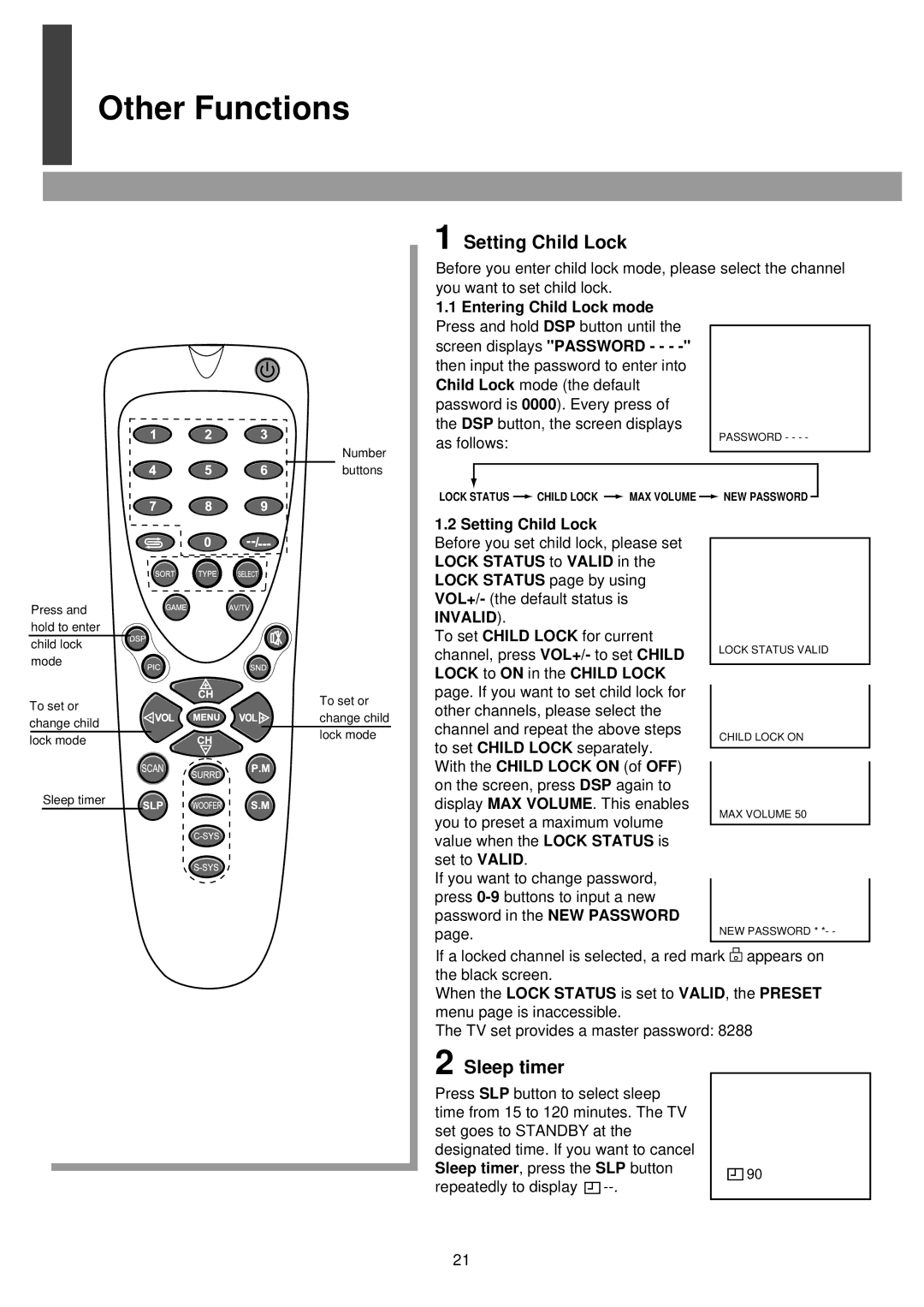 Palsonic 6850PF owner manual Other Functions, Setting Child Lock, Sleep timer 