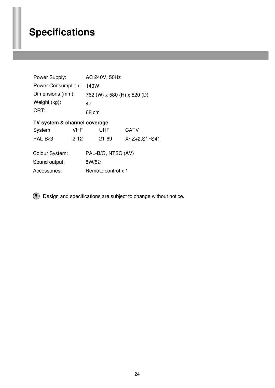 Palsonic 6850PF owner manual Specifications, TV system & channel coverage 