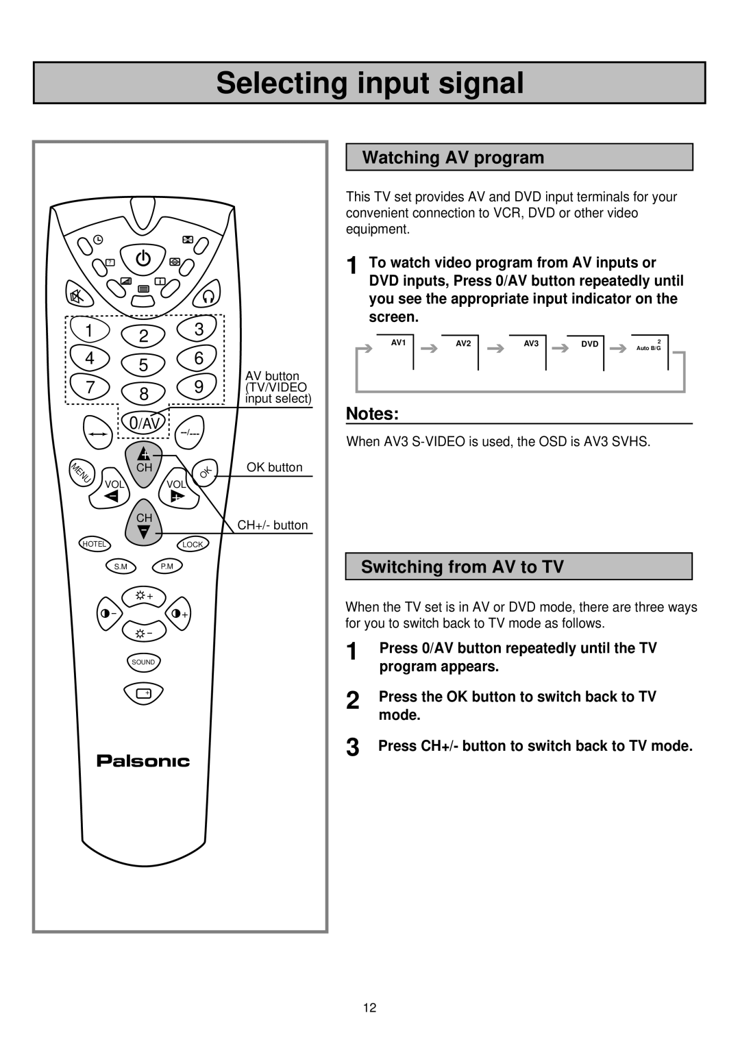 Palsonic 6850TGPF owner manual Selecting input signal, Watching AV program, Switching from AV to TV 