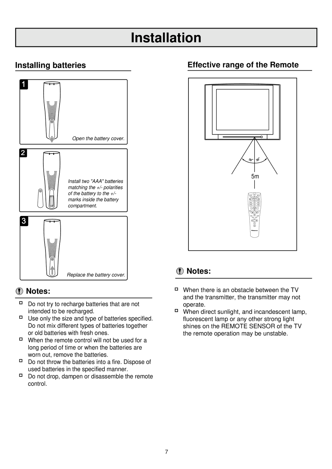 Palsonic 6850TGPF owner manual Installation, Installing batteries Effective range of the Remote 