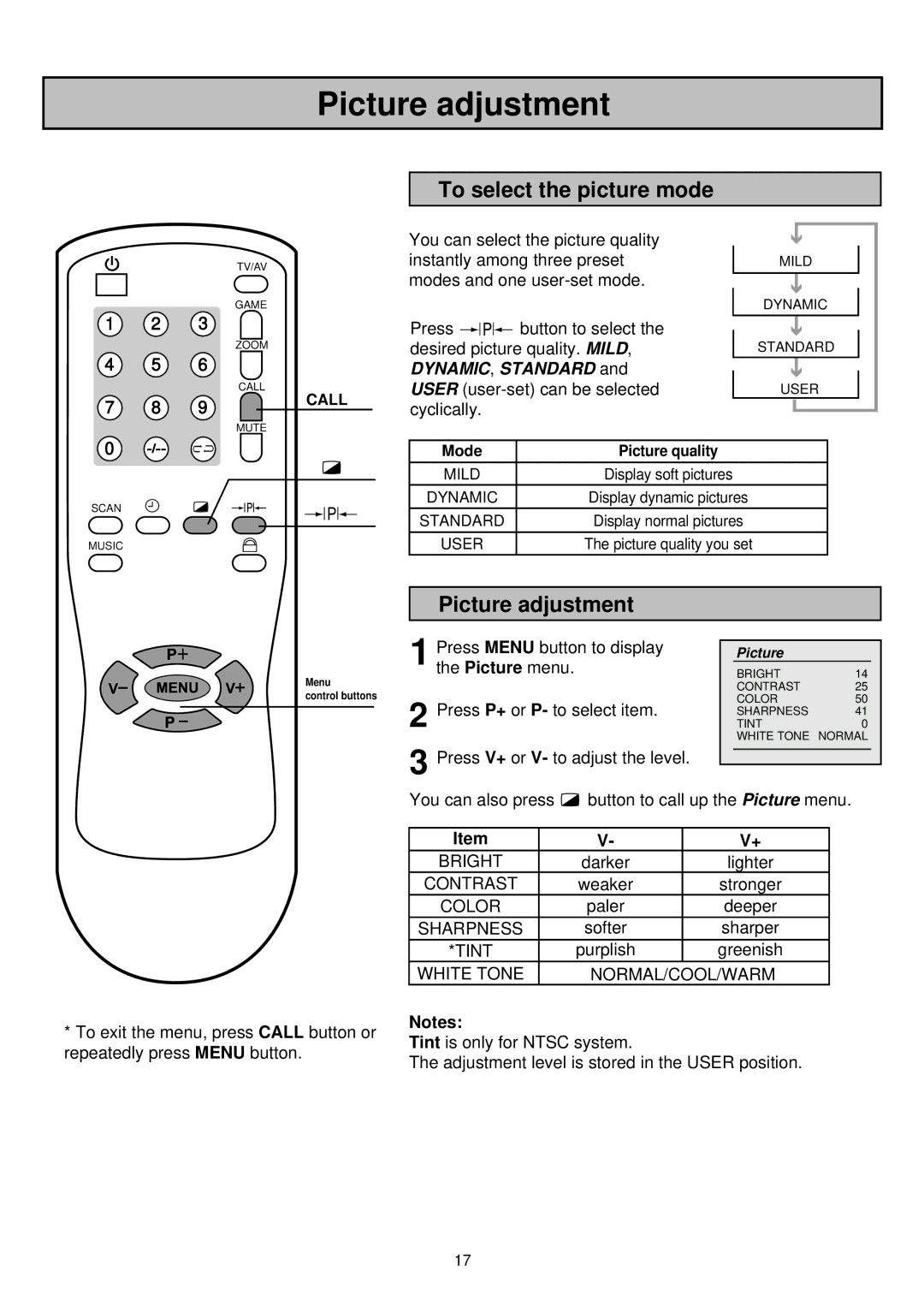 Palsonic 6850TKPF owner manual Picture adjustment, To select the picture mode 