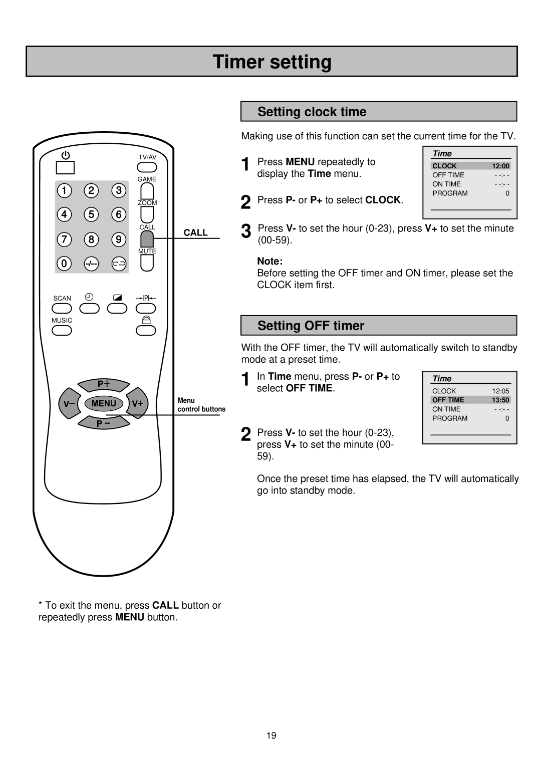 Palsonic 6850TKPF owner manual Timer setting, Setting clock time, Setting OFF timer 