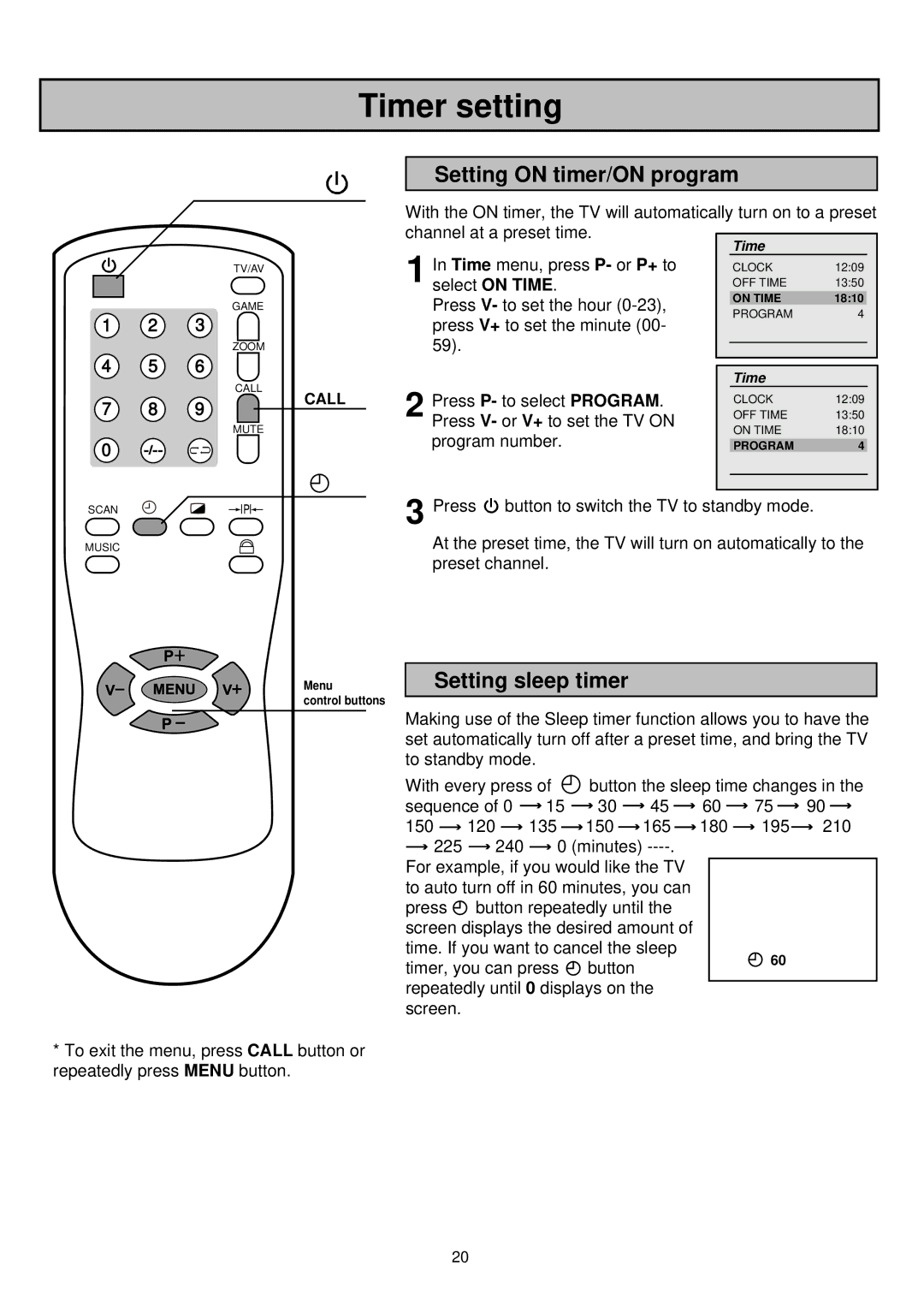 Palsonic 6850TKPF owner manual Setting on timer/ON program, Setting sleep timer 