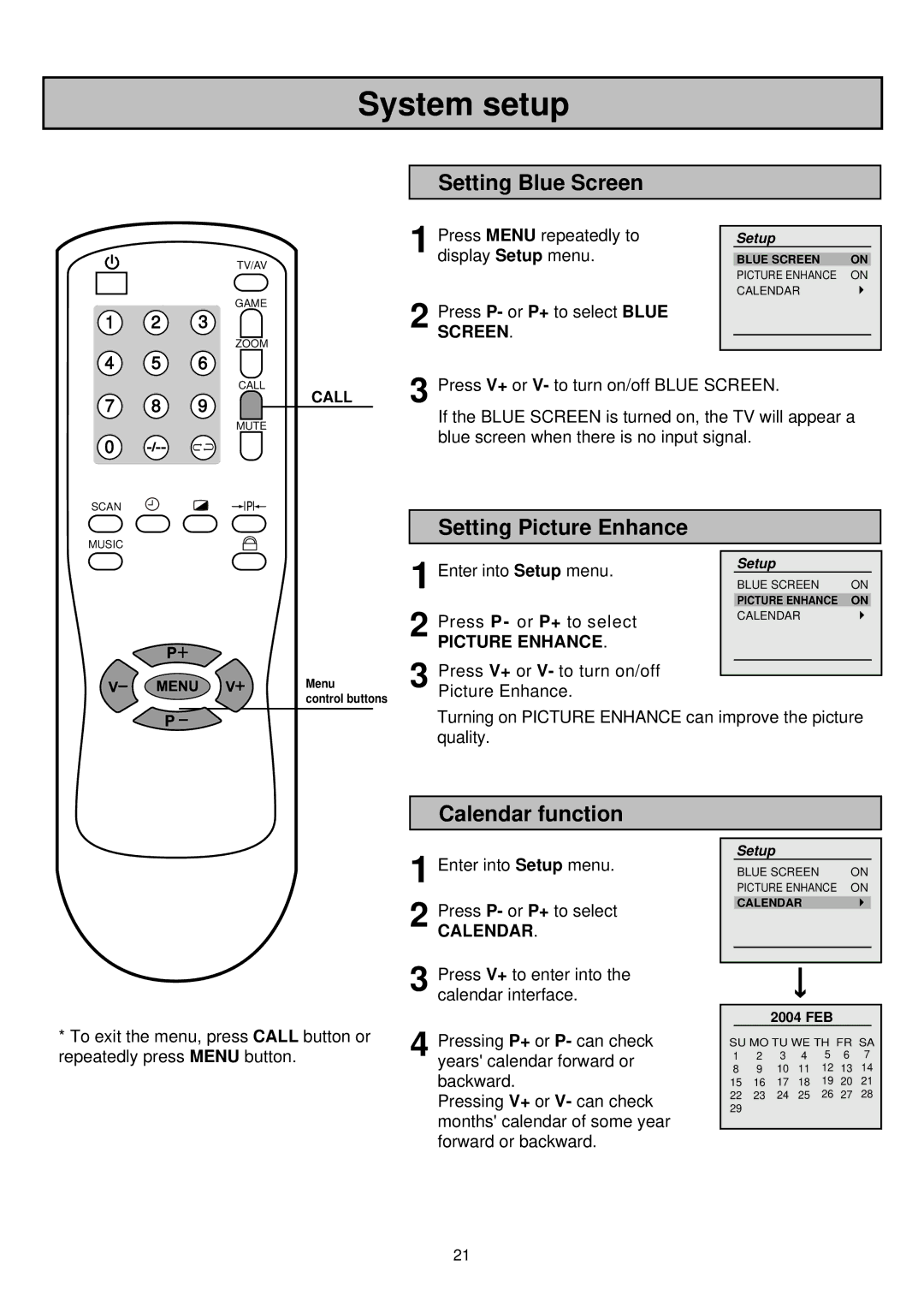 Palsonic 6850TKPF owner manual System setup, Setting Blue Screen, Setting Picture Enhance, Calendar function 