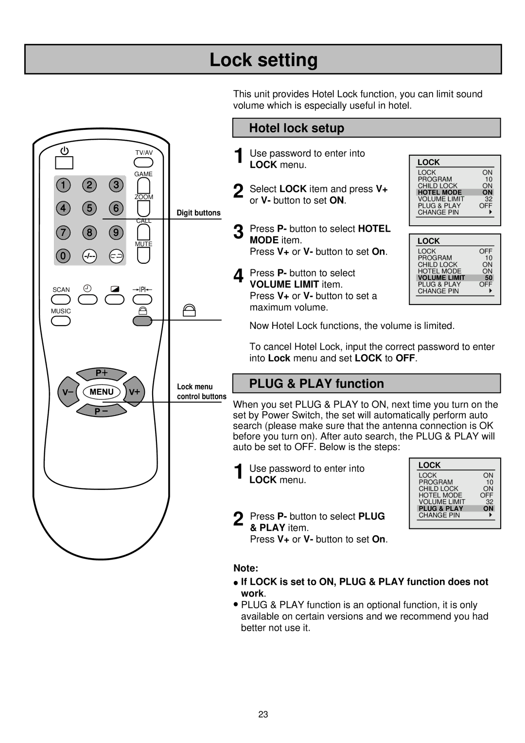 Palsonic 6850TKPF owner manual Hotel lock setup, Plug & Play function, Volume Limit item, Play item 