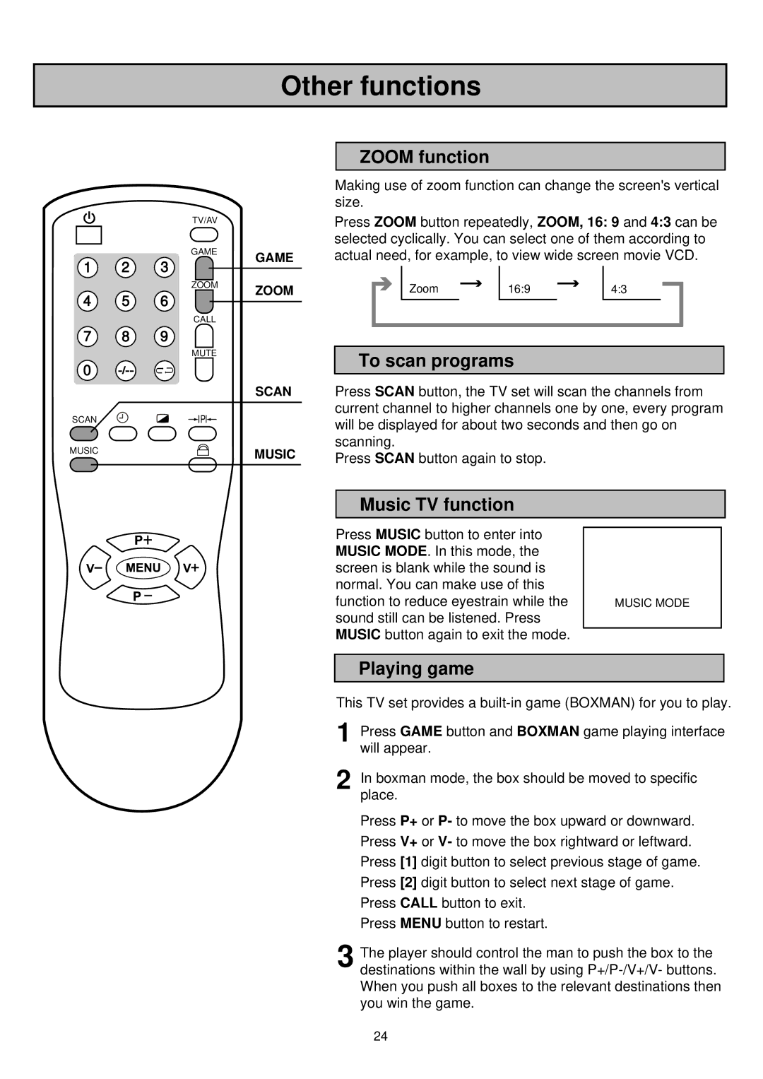 Palsonic 6850TKPF owner manual Other functions, Zoom function, To scan programs, Music TV function, Playing game 