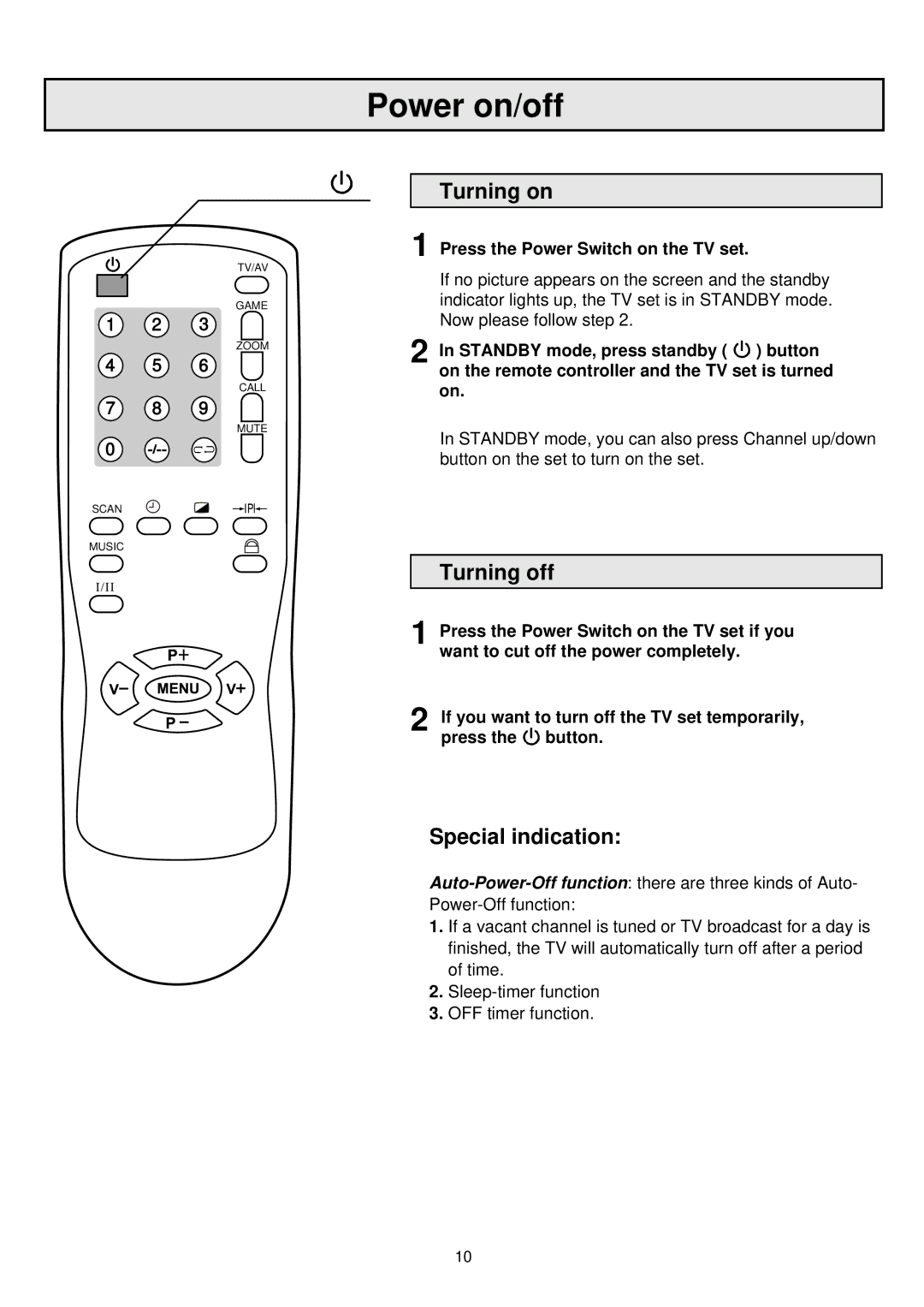 Palsonic 6860PFST Power on/off, Turning on, Turning off, Special indication, Press the Power Switch on the TV set 