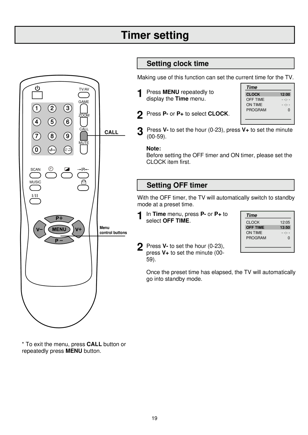 Palsonic 6860PFST owner manual Timer setting, Setting clock time, Setting OFF timer 