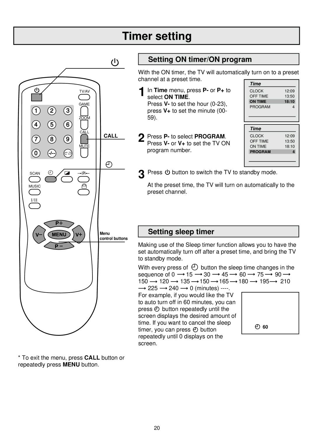 Palsonic 6860PFST owner manual Setting on timer/ON program, Setting sleep timer 