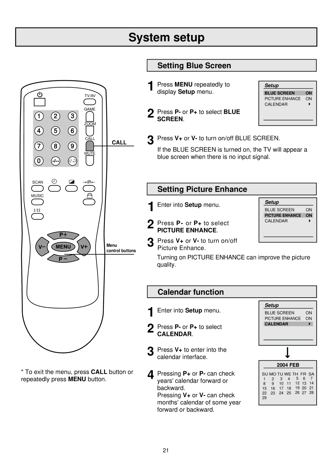 Palsonic 6860PFST owner manual System setup, Setting Blue Screen, Setting Picture Enhance, Calendar function 