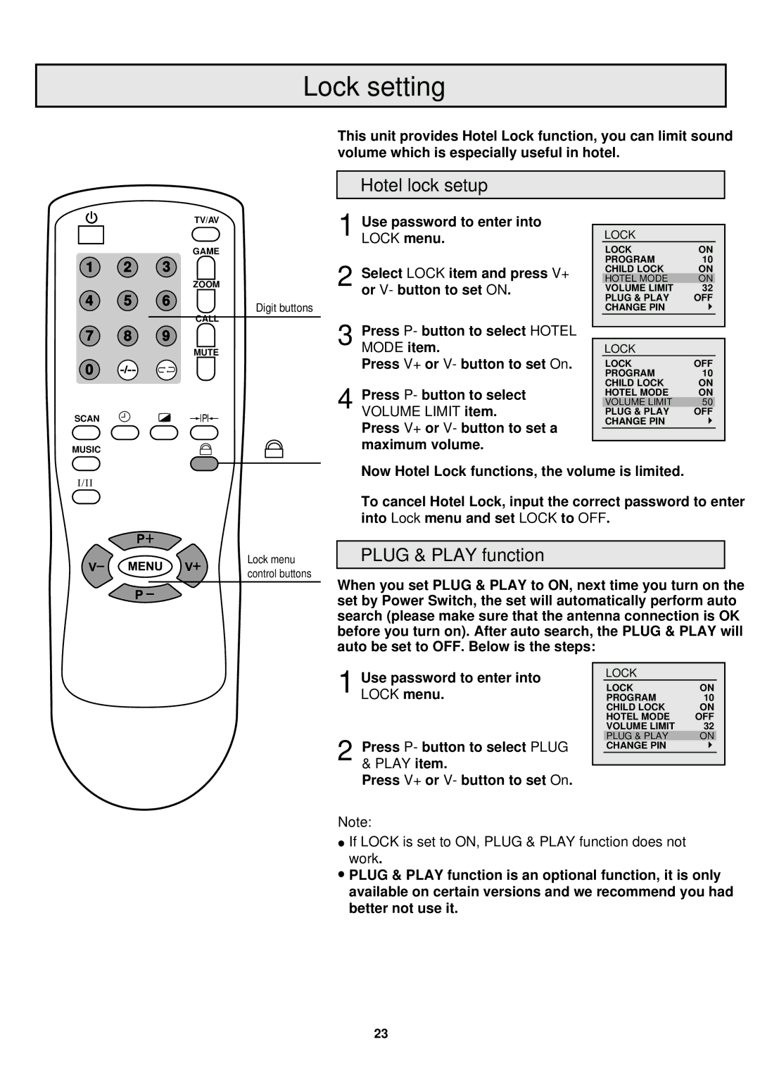 Palsonic 6860PFST owner manual Hotel lock setup, Plug & Play function, Volume Limit item, Play item 