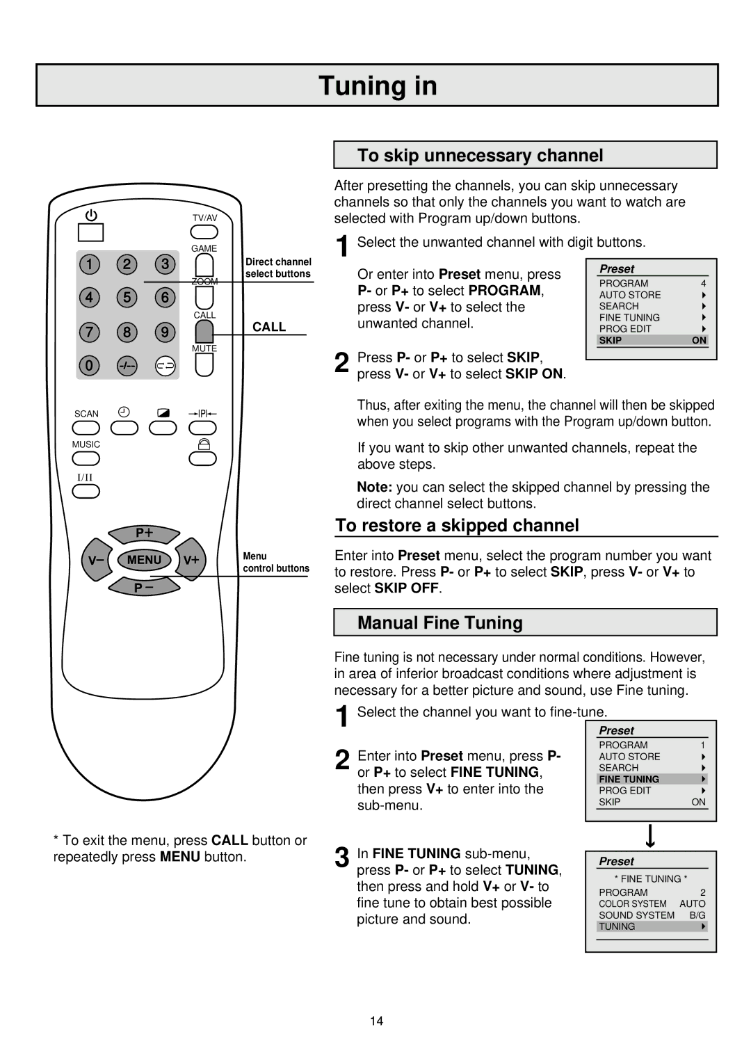 Palsonic 6865PFST owner manual To skip unnecessary channel, To restore a skipped channel, Manual Fine Tuning 