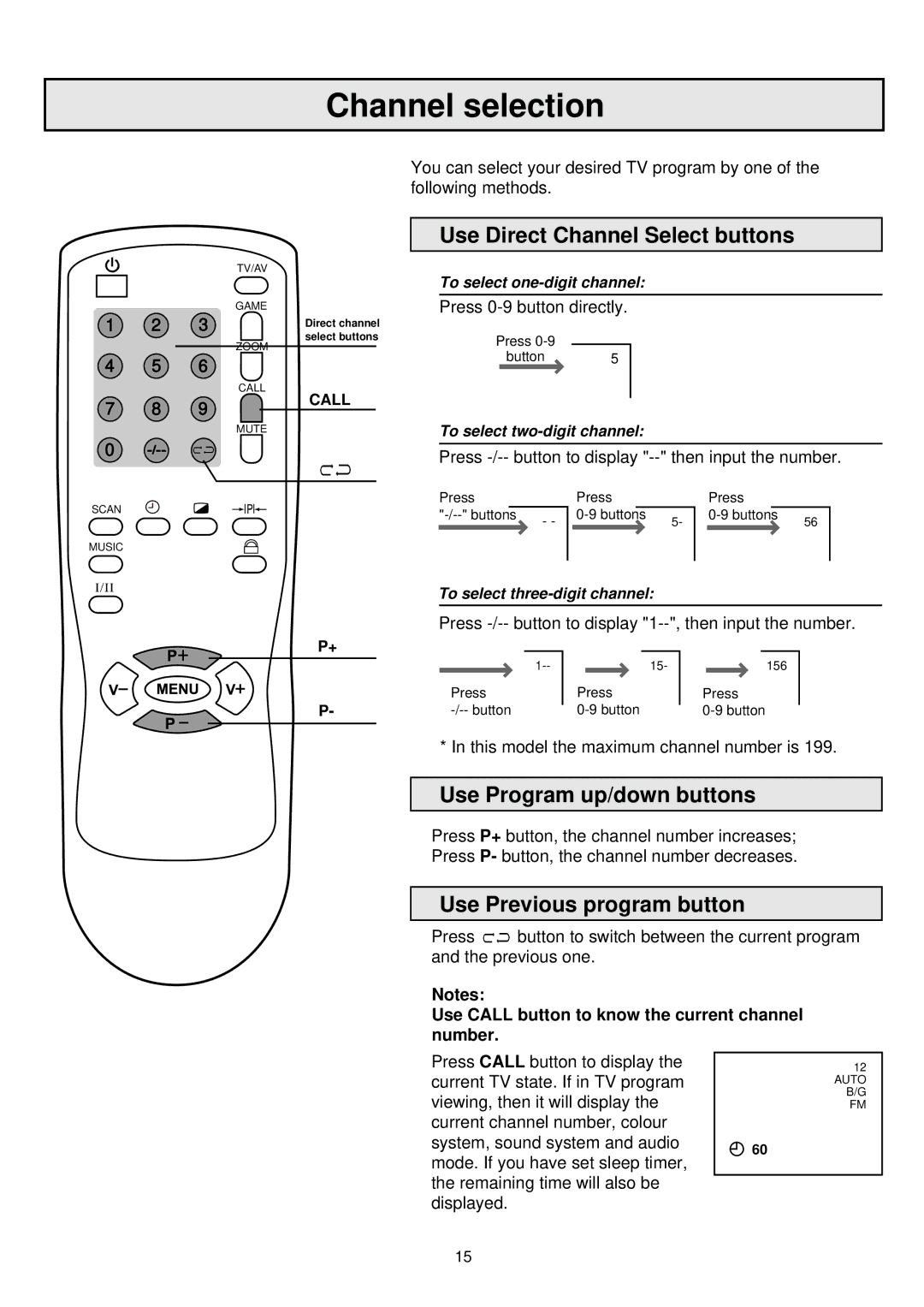 Palsonic 6865PFST owner manual Channel selection, Use Direct Channel Select buttons, Use Program up/down buttons 