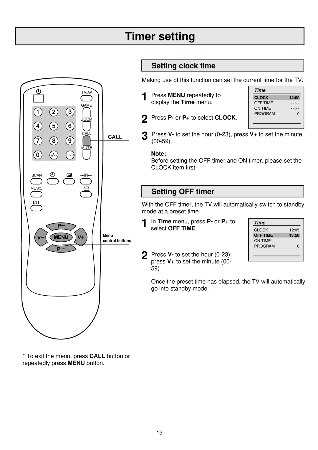 Palsonic 6865PFST owner manual Timer setting, Setting clock time, Setting OFF timer 