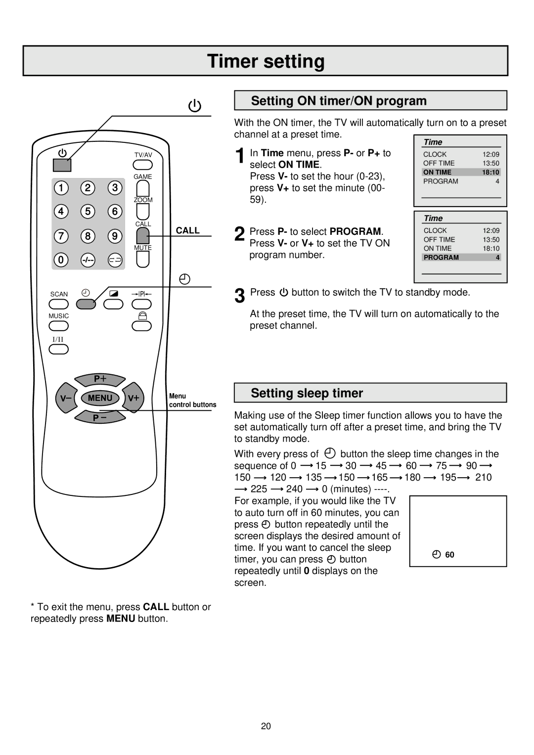 Palsonic 6865PFST owner manual Setting on timer/ON program, Setting sleep timer 