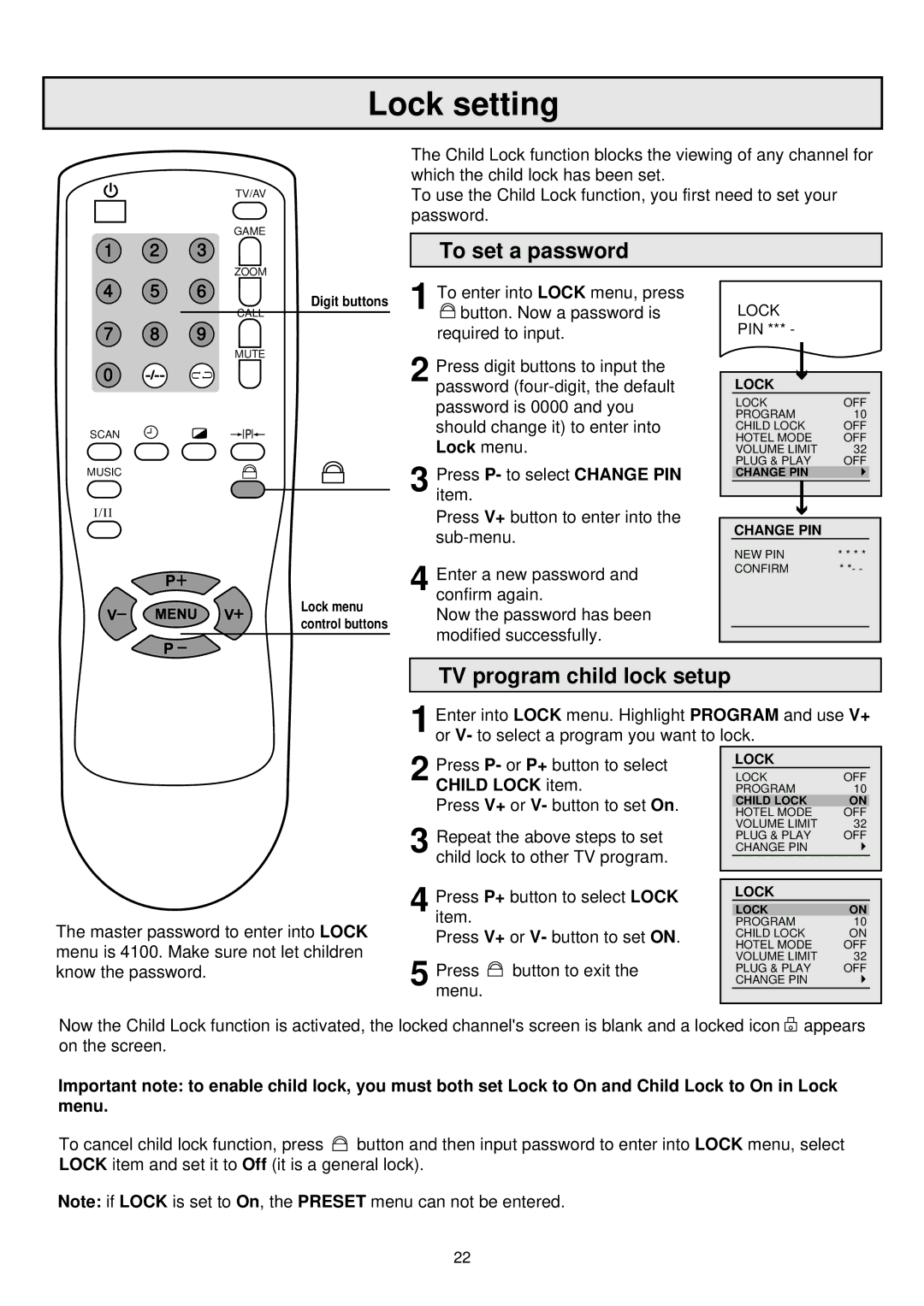 Palsonic 6865PFST owner manual Lock setting, To set a password, TV program child lock setup, Lock menu 