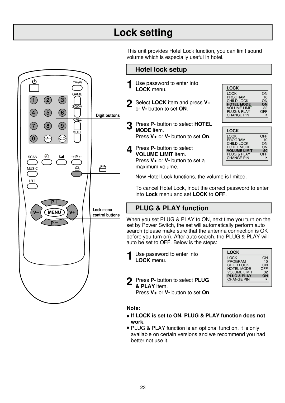 Palsonic 6865PFST owner manual Hotel lock setup, Plug & Play function, Volume Limit item, Play item 