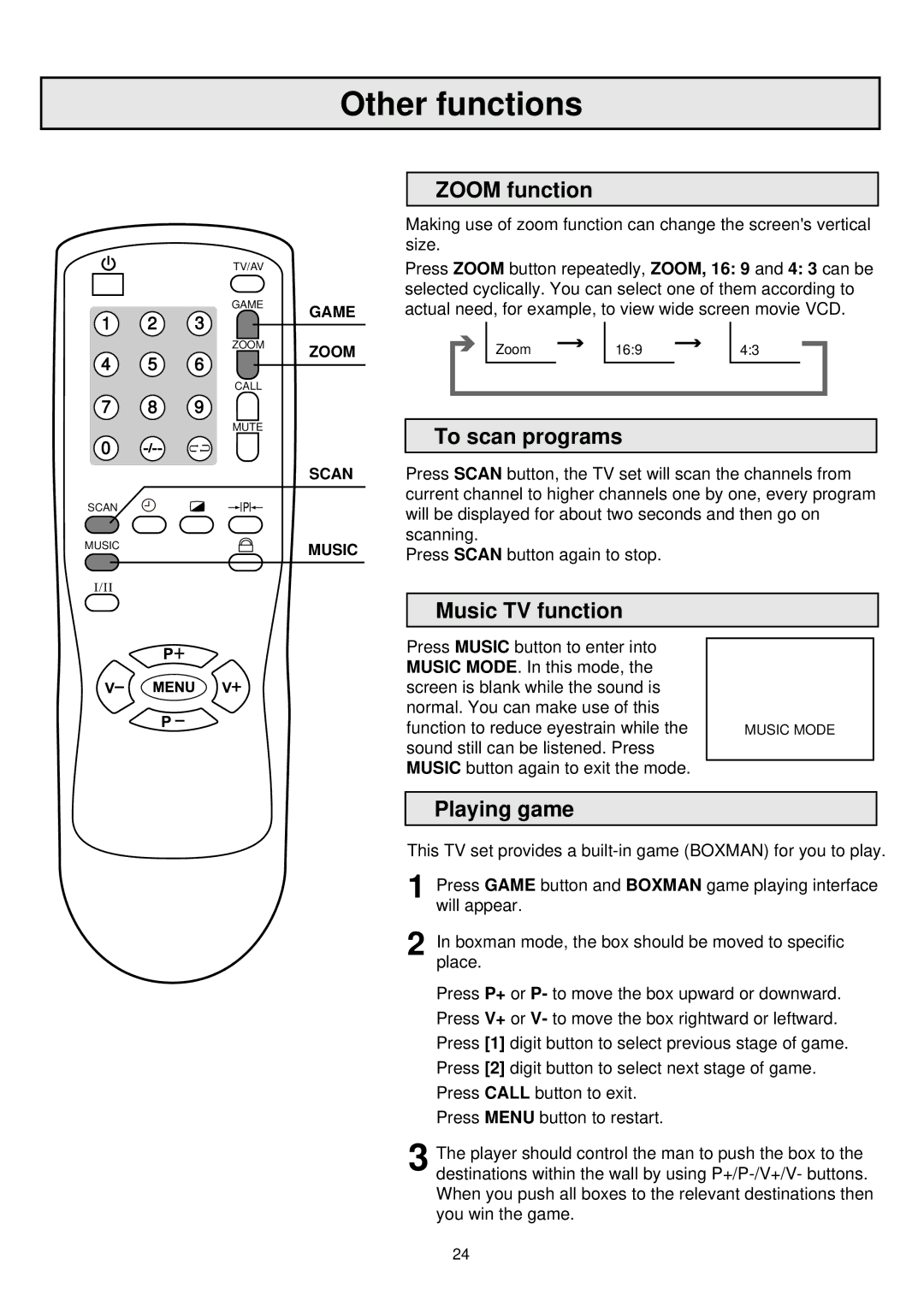 Palsonic 6865PFST owner manual Other functions, Zoom function, To scan programs, Music TV function, Playing game 