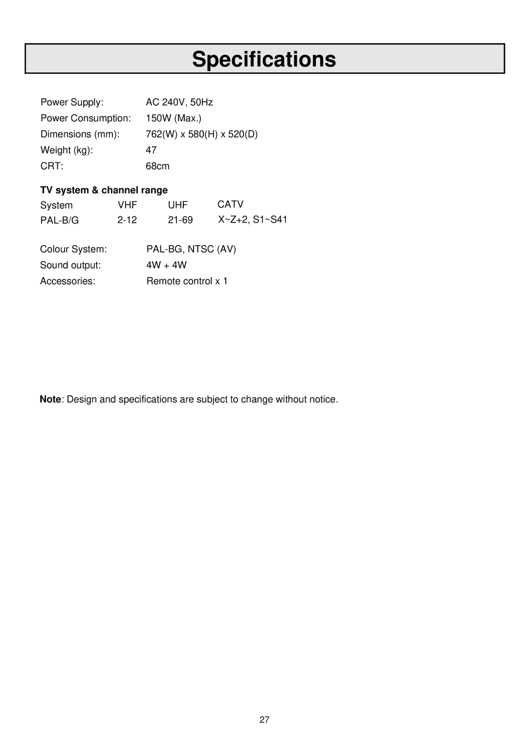 Palsonic 6865PFST owner manual Specifications, TV system & channel range 