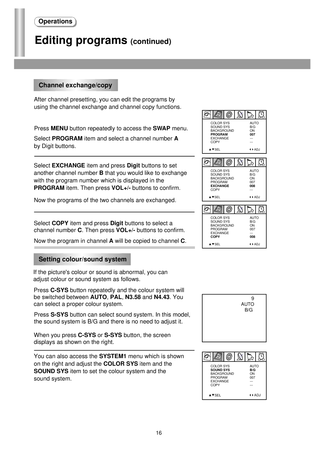 Palsonic 6875PF owner manual Channel exchange/copy, Setting colour/sound system 