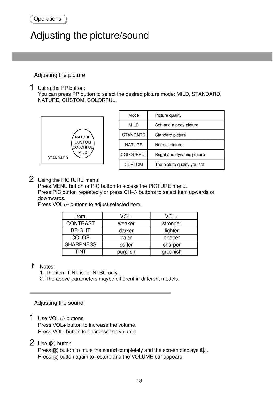 Palsonic 6875PF owner manual Adjusting the picture/sound, Adjusting the sound 