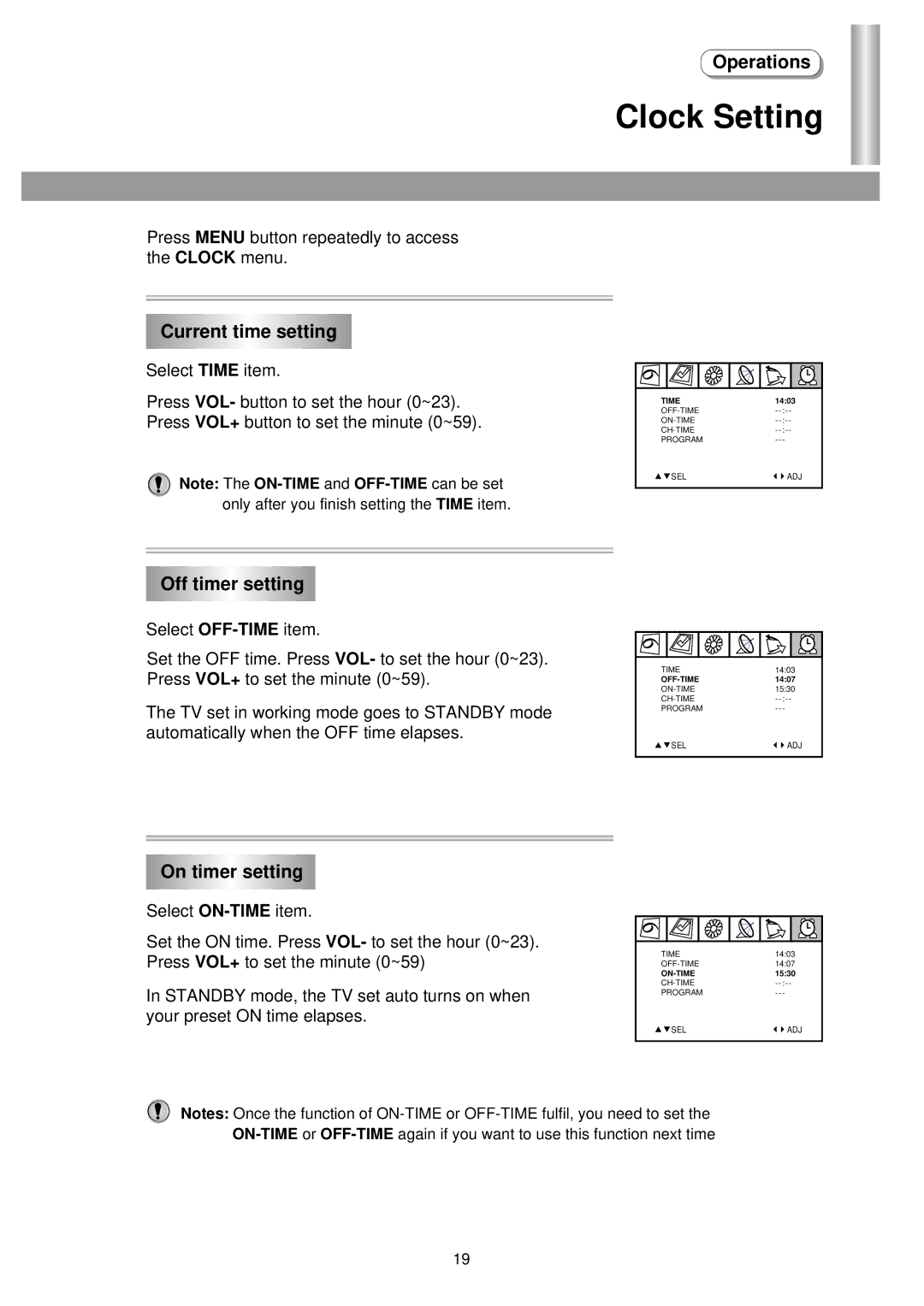 Palsonic 6875PF owner manual Clock Setting, Current time setting, Off timer setting, On timer setting 