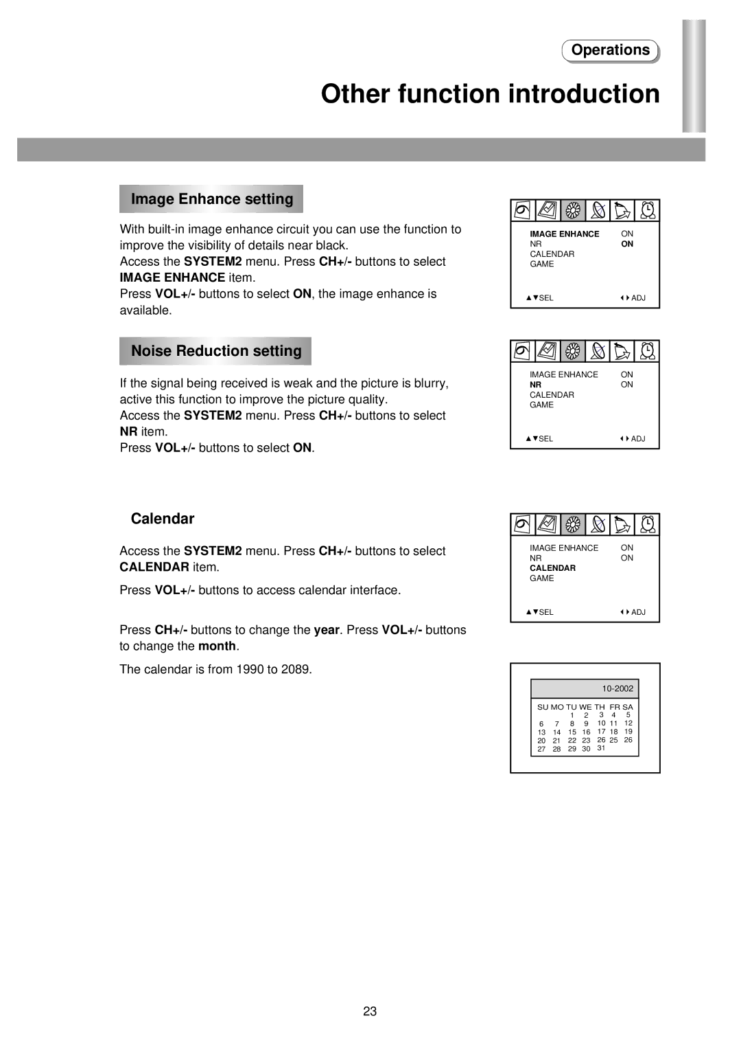 Palsonic 6875PF owner manual Other function introduction, Image Enhance setting, Noise Reduction setting, Calendar 