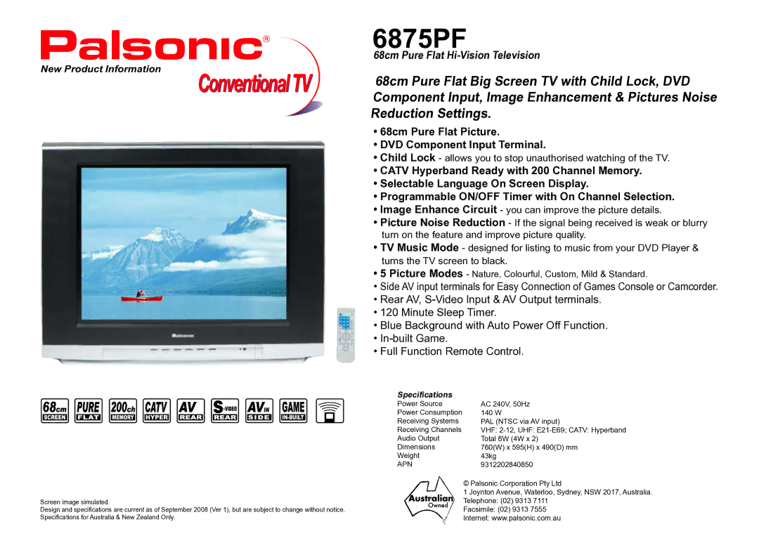 Palsonic 6875PF dimensions Specifications, Apn 